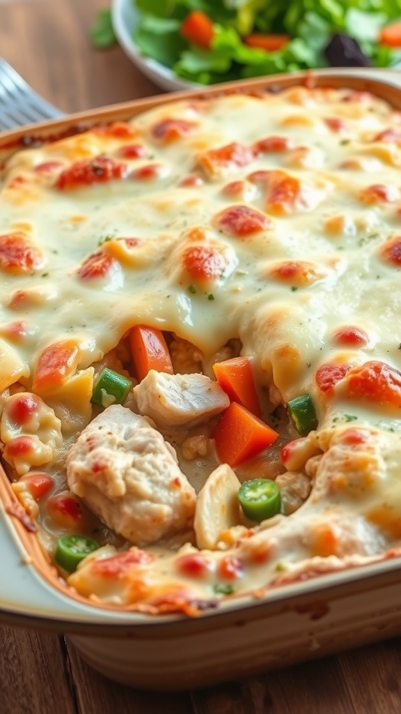 Baked chicken and vegetable casserole with golden cheese crust and colorful vegetables in a rustic dish.